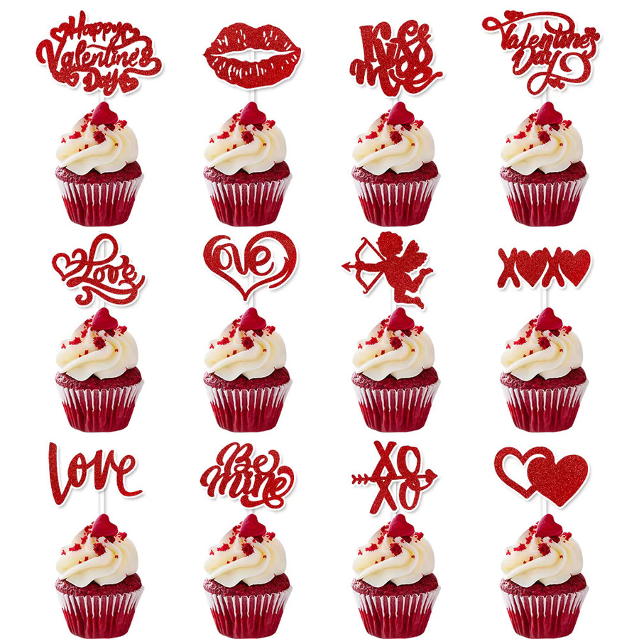 WEIGAO 12 Stück Kuchendekoration rote Herz I Love You XOXO Cupcake-Picks aus Kunststoff - Bild 3