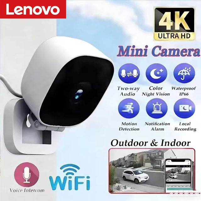 Lenovo HD 4K Mini-Sicherheitskamera in Weiß mit WLAN, IP65 wasserdicht, Vollfarb-Nachtsicht, Bewegungserkennung und 2-Wege-Audio für Innen und Außen - Bild 1