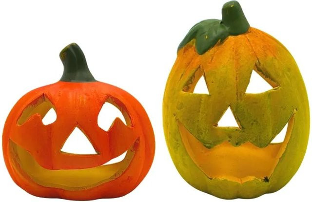 Dekohelden24 2er Set Kürbis Deko Laternen aus Keramik in Orange und Grün für Halloween und Herbst, Teelichthalter Windlicht, B/T/H: 8 x 8 x 8 cm - Bild 1