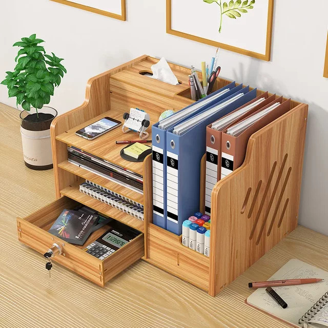 Mehrschichtige Desktop-Aufbewahrungsbox aus Holz mit Schloss und Schubladen für deinen Schreibtisch in Schwarz oder Braun - Bild 1
