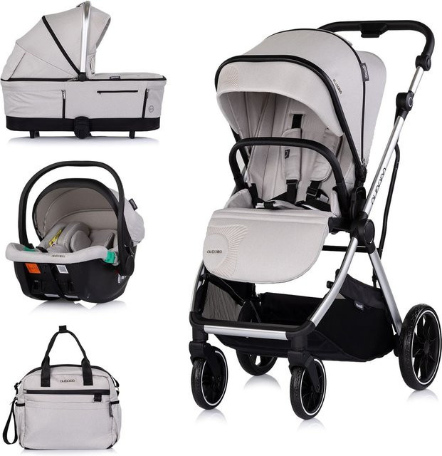 Chipolino Kombikinderwagen Aurora 3 in 1 Set mit Babyschale, Babywanne, Sportsitz und Wickeltasche in Hellgrau - Bild 1