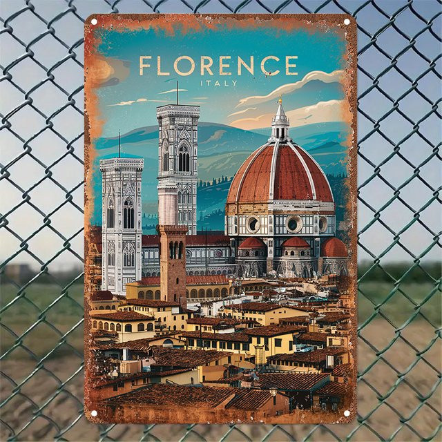 Vintage Florenz Italien Metallblechschild von MINISO als mehrfarbige Aluminium-Wandkunst, Rechteckig, B/H: 20 x 30 cm - Bild 1