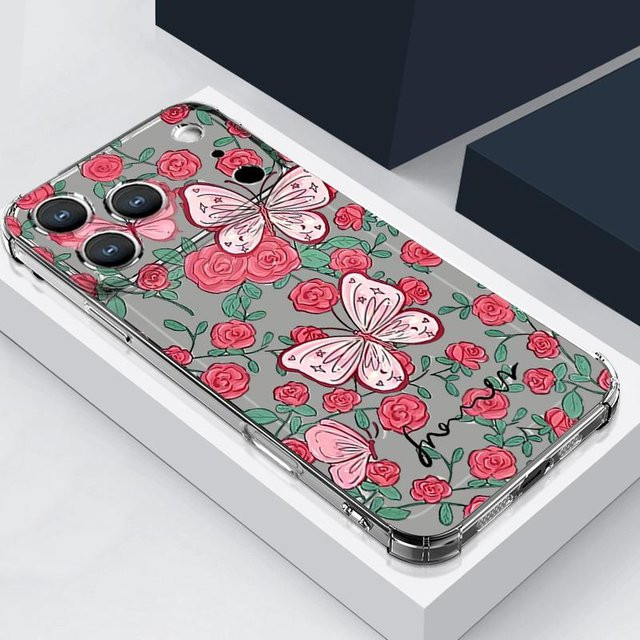 Stoßfeste Silikon-Handyhülle mit Rosenblüten-Schmetterlings-Druck für Apple iPhone 11 bis iPhone 17 Pro Max, transparent und mehrfarbig - Bild 1