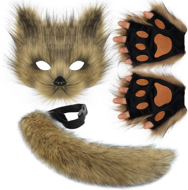 YIRAN Fuchsmaske, Fuchs Schwanz und Pfoten Handschuhe Set, Schwarz, Erwachsene - Bild 1