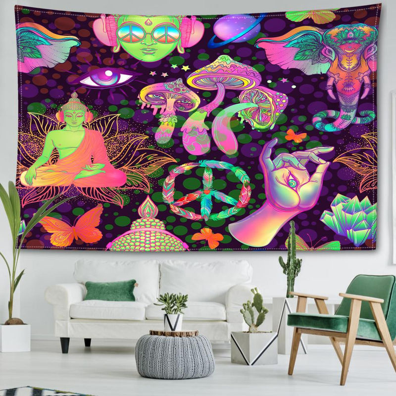 Abstrakter Wandteppich mit Pilzen und Buddha-Statuen im Bohemian Stil von Super Six, mehrfarbig, B/H: 95 x 73 cm - Bild 5