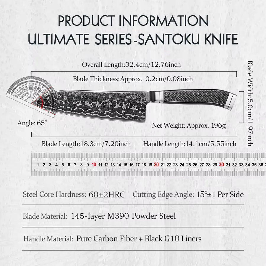 HEZHEN Santoku-Messer mit 7,2 Zoll Damastklinge aus M390 Stahl und Kohlefaser-Griff in Schwarz - Bild 3