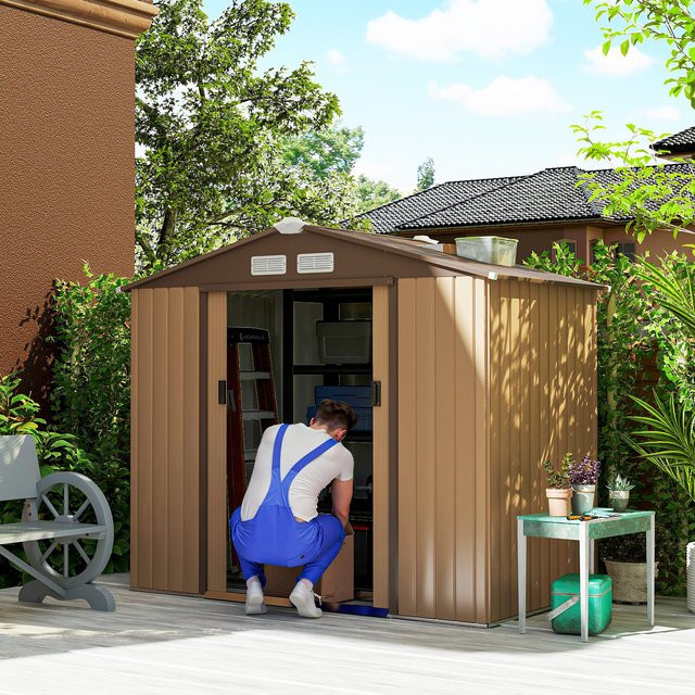 Outsunny Gartenhaus aus verzinktem Stahl in Braun mit Bodenrahmen und Schiebetüren, B/H/T: 130 x 185 x 213 cm - Bild 6