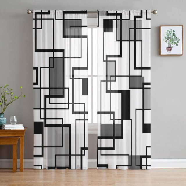 Moderne Tüll-Voile-Vorhänge mit abstraktem geometrischem Design in Schwarz, Grau und Weiß, transparent, Breite: 135 cm, Höhe: 115 cm - Bild 1