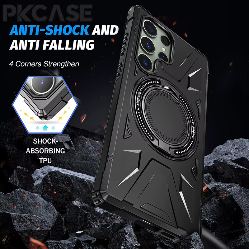 PKCASE stoßfeste Ring-Stand-Hülle mit magnetischer kabelloser Lade-Halterung für Samsung Galaxy S25, S24 Ultra und S23 FE Plus in Schwarz und Grün - Bild 4