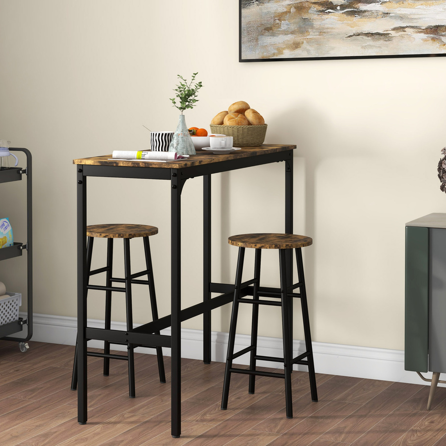 HOMCOM Bartisch-Set 3-teilig im Industriedesign mit 2 Barhockern, Essgruppe aus Stahl und MDF, Farbe: Rustikal-Braun/Schwarz - Bild 2