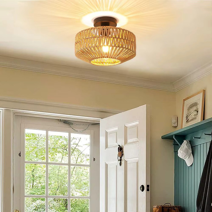 JOYINLED Rattan-Deckenleuchte in Braun, handgewebte Hängelampe für Schlafzimmer und moderne Heimdekoration, E27, Durchmesser: 30 cm - Bild 3