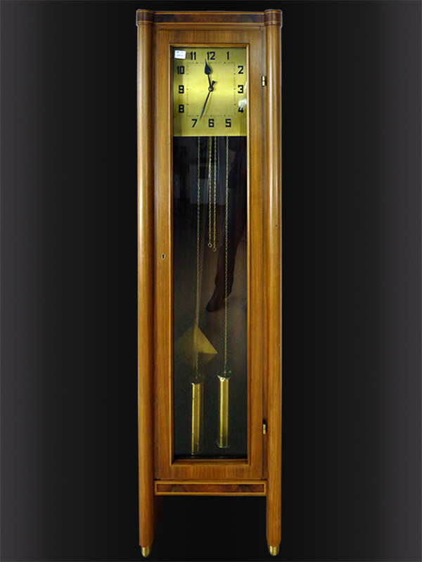 Antike Art Deco Standuhr Haller aus Nussbaumholz mit Pendel und Musikwerk in Braun und Gold, Höhe: 181 cm, Breite: 55 cm, Tiefe: 27 cm - Bild 1