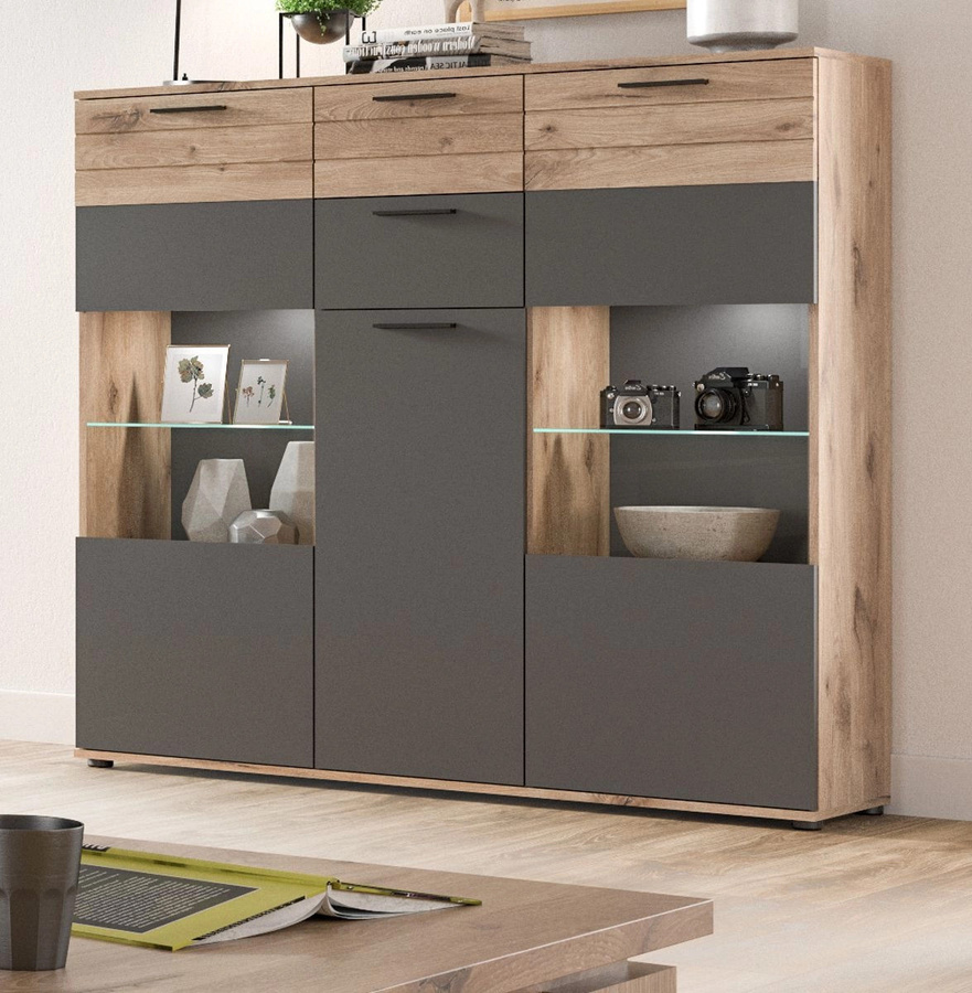 Highboard Tomaso in Eiche und Grau mit Glastüren und Soft-Close-Funktion, B/H: 140 x 134 cm - Bild 1