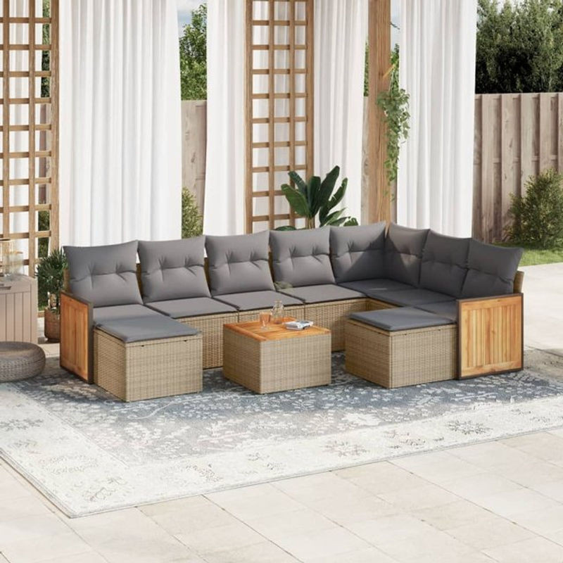 Vidaxl 10-teiliges Gartenmöbel-Set aus Polyrattan und Akazie mit Kissen, Beige - Bild 1