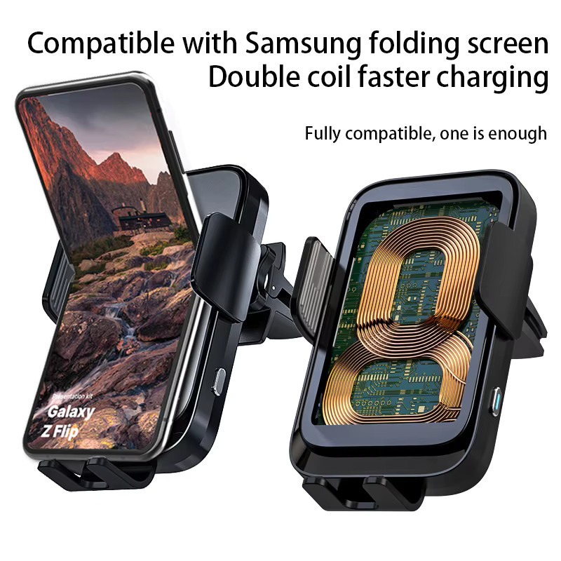 VIKEFON Drahtloses Autoladegerät mit Dual Coil als Schnellladestation für Samsung Galaxy Z Flip, S22, S21 und iPhone 14, 13 in Schwarz - Bild 4