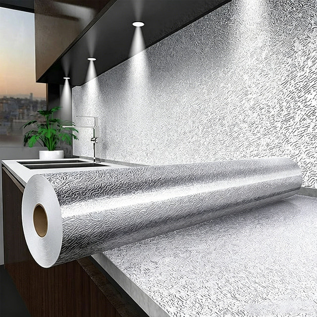 Selbstklebende Küchen-Wandaufkleber aus Aluminiumfolie, ölbeständig für Arbeitsplatten, Schubladen und Schränke, Farbe: Silber oder Orange - Bild 1