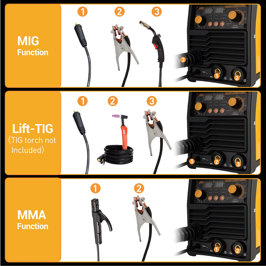 CONENTOOL 4-in-1 Multifunktions-Schweißgerät für MIG, MAG, MMA und WIG in Gelb, gas- und gasfrei, 220 V, 30–200 A - Bild 4