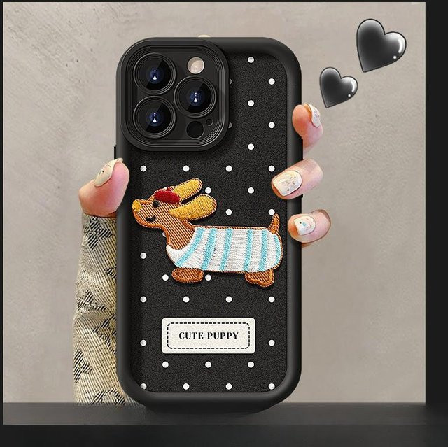 Lanyard mit Welpen-Tupfenstickerei aus Lammleder in Schwarz für Apple iPhone 16, 15 Pro Max, 14 und Honor Magic5 Pro - Bild 1