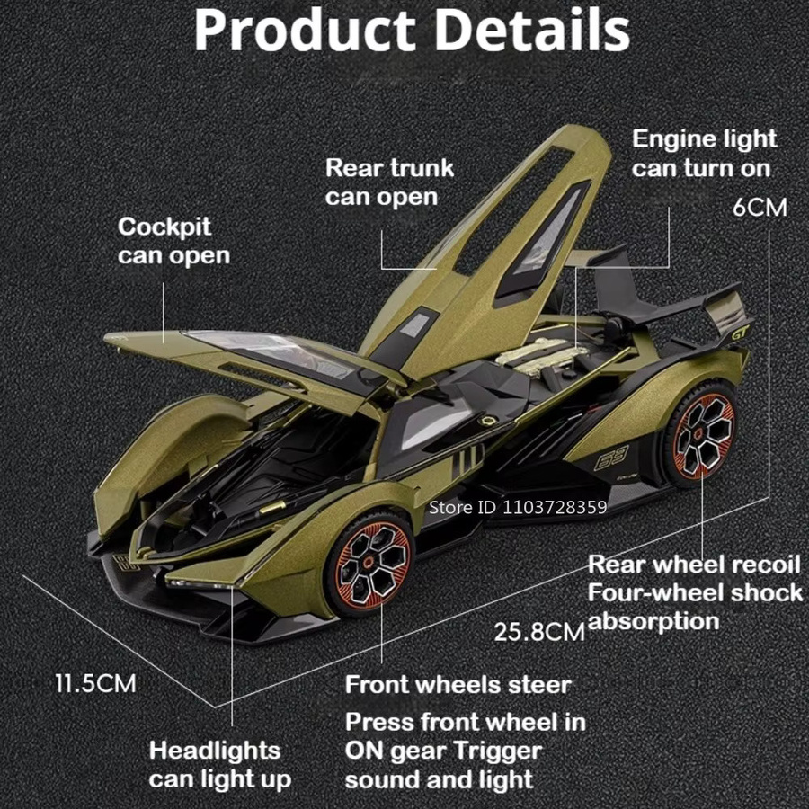 RMZ city Huracan Sterrato V12 Supercar Modell, Maßstab 1:18, mit Licht und Sound, Metall - Bild 4