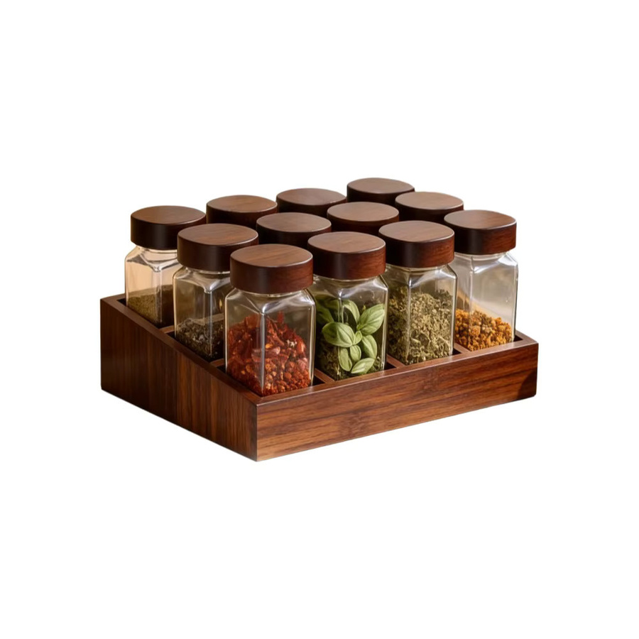 SAEIV Gewürzglas Set aus Glas mit Holzdeckeln und Aufbewahrungsregal aus Holz, luftdicht und auslaufsicher, transparent - Bild 4