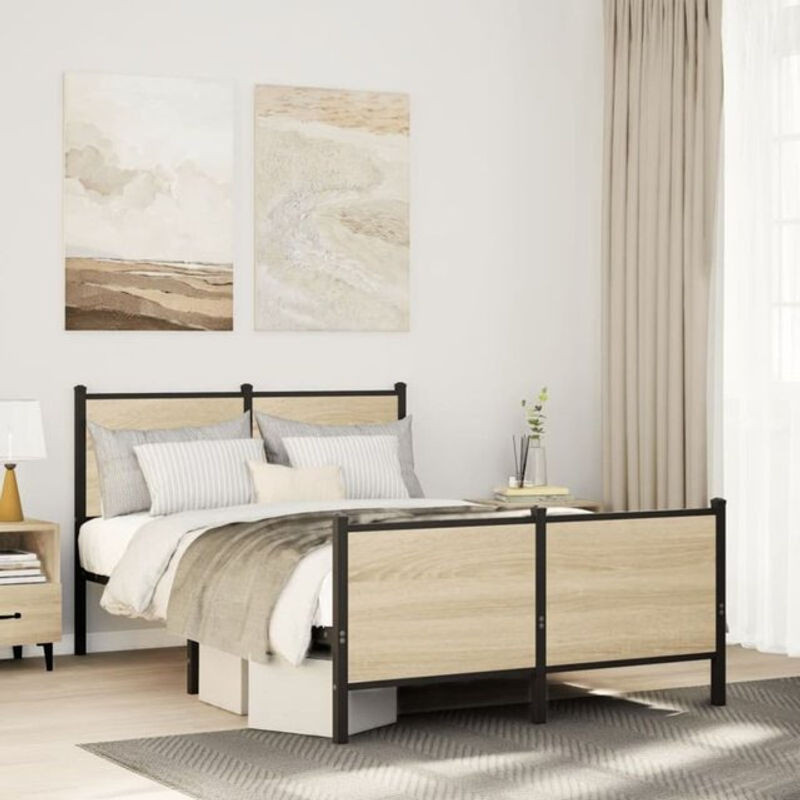 Metallbett Vidaxl in Sonoma-Eiche Natur und Braun, Modernes Bettgestell aus Metall und Holz, B/T/H: 120 x 190 cm - Bild 1