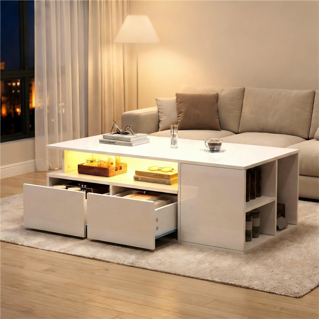LED-Couchtisch in Weiß mit 2 Schubladen und Stauraum, B/T/H: 100 x 50 x 35 cm - Bild 1