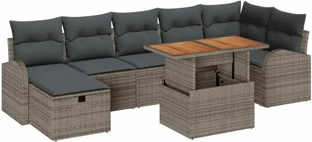 vidaXL Garten-Sofa-Set aus Polyrattan in Grau, 8-teiliges L-Shape Lounge-Set mit Polsterung und Kissen für Terrasse und Garten - Bild 1