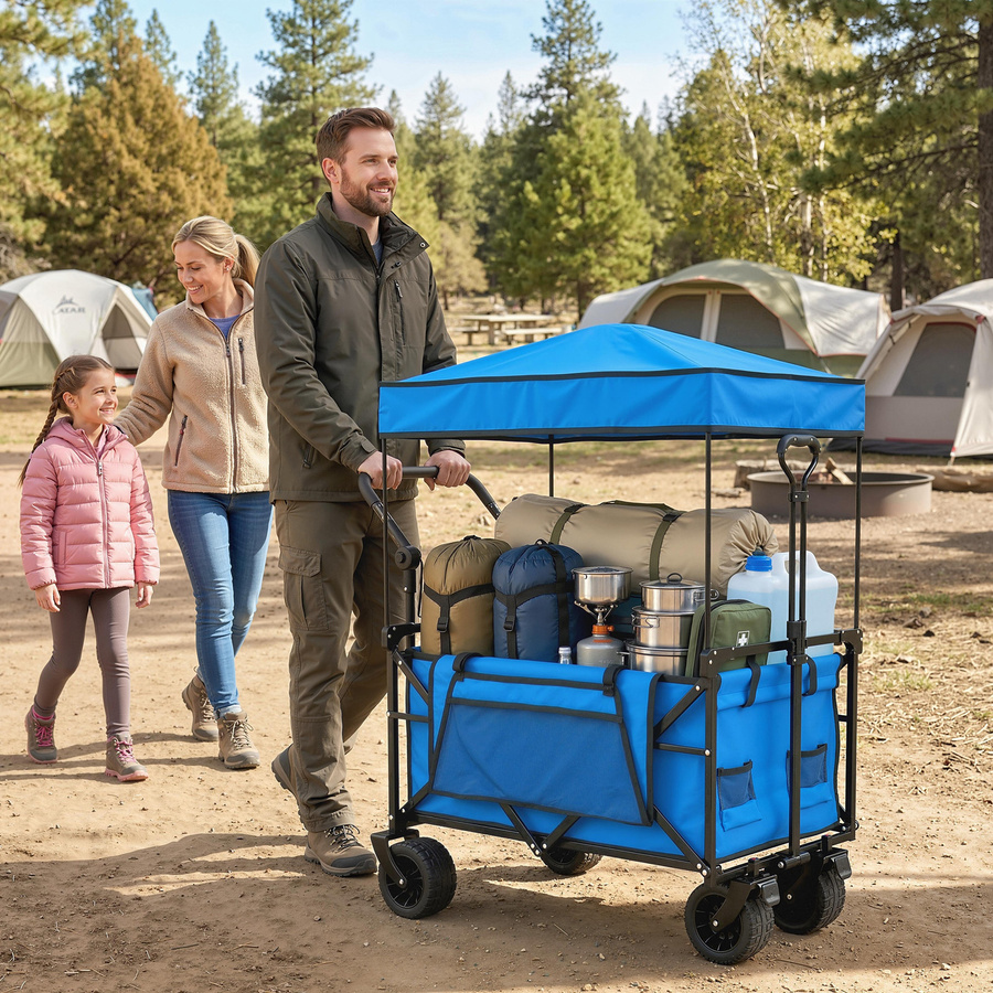 Outsunny Strandwagen mit großen Rädern und Bremse, klappbarer Gartenwagen mit Verdeck und Getränkehalter, Blau - Bild 2