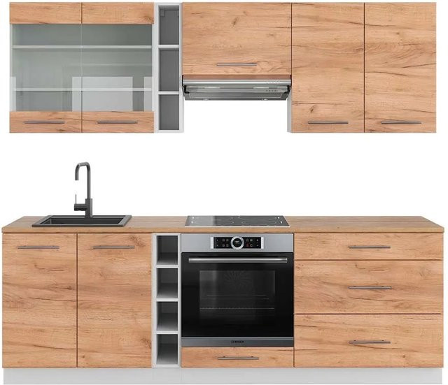 Vicco Fame-Line Küchenzeile Goldkraft Eiche und Weiß, moderne Küchenzeile mit Soft-Close-Türen, B: 235 cm, H: 82 cm, T: 60 cm - Bild 1