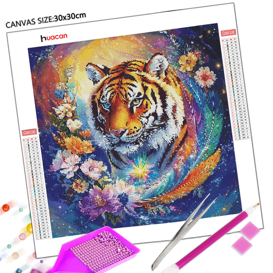 Huacan Diamant-Gemälde Tiger Mosaik-Bild mit Blumen in Multicolour, Rund, B/T/H: 20 x 20 x 20 cm - Bild 3