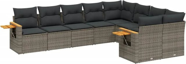 vidaXL 9-teilige Garten-Sofagarnitur aus Poly-Rattan und Akazienholz in Grau mit Kissen - Bild 1