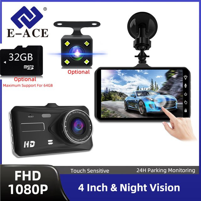 E-ACE B12 Dash Cam Full HD 1080P mit Touchscreen, WDR, G-Sensor und Nachtsicht in Schwarz - Bild 1