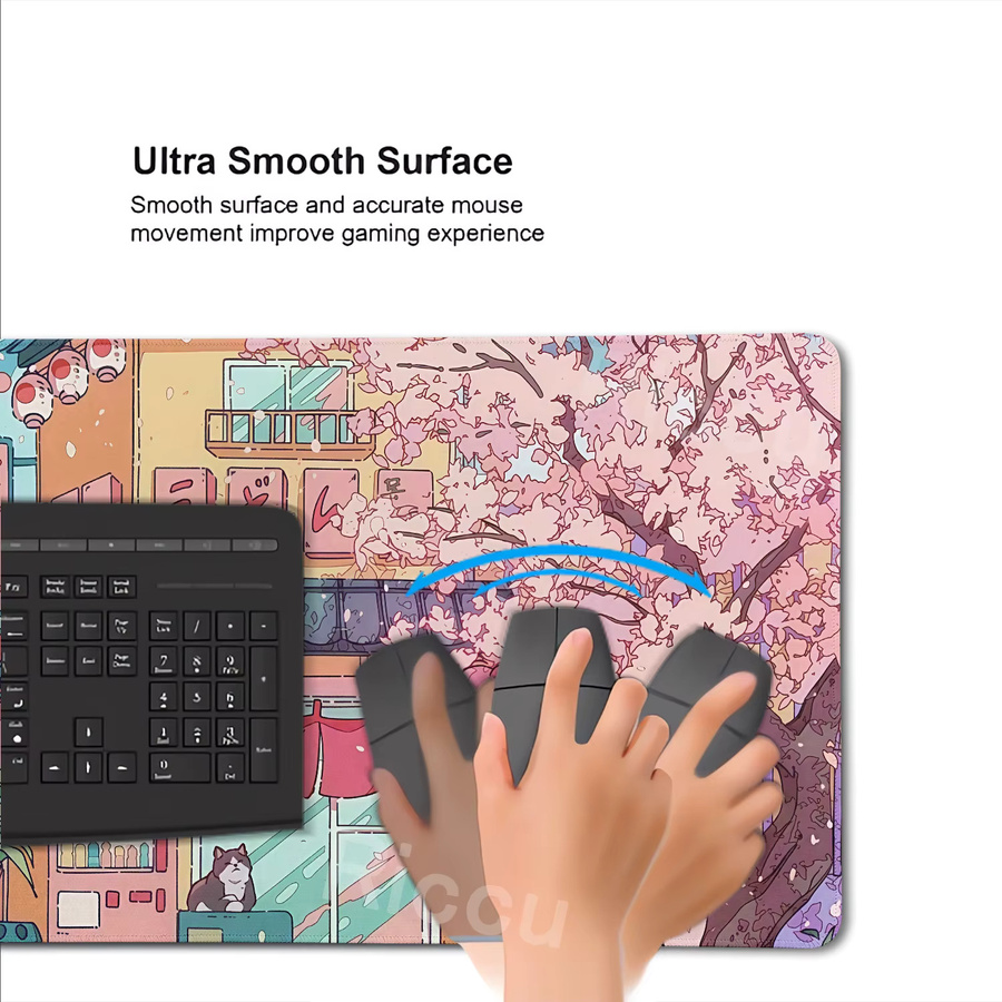 Riccu Anime Katzen Mauspad Rosa Kirschblüten-Straßenlandschaft XXL Schreibtischunterlage für Gaming und Büro - Bild 3
