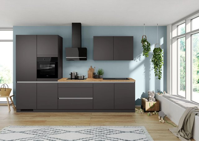 Impuls Küchen Küchenzeile IBC4340MR in Grafit mit Soft-Close-Türen und Vintage Eiche-Nachbildung, Breite: 340 cm - Bild 1
