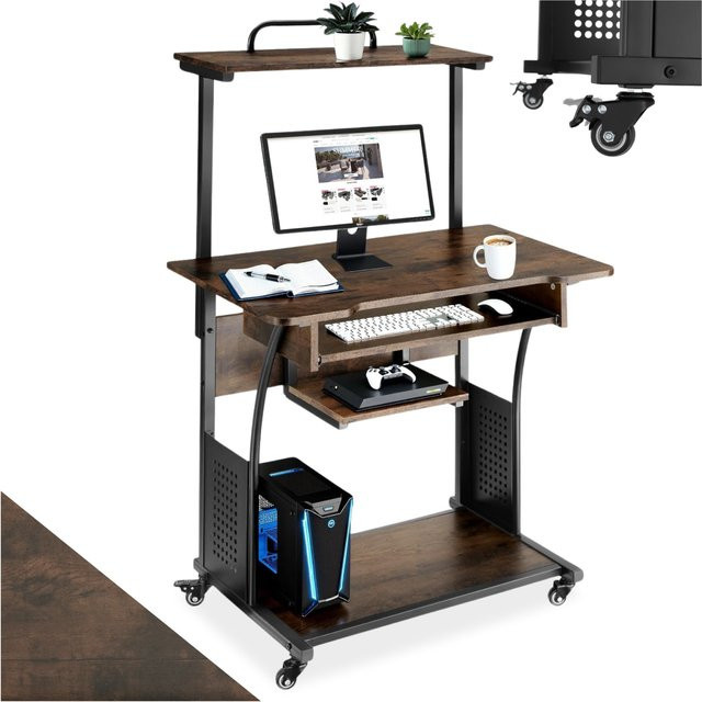 tectake Schreibtisch im Industrial Style mit 3 Ebenen, einhängbarer Ablage und Tastaturauszug, Farbe Braun, B/T/H: 80 x 65,5 x 130,5 cm - Bild 1