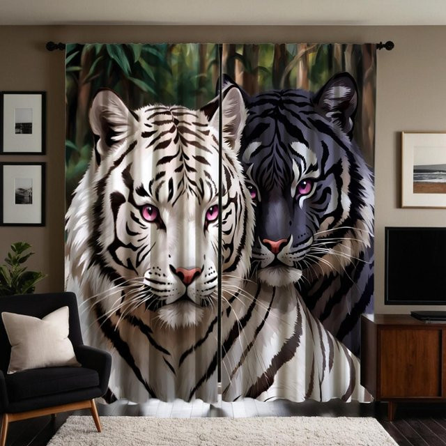 2er-Set dekorative Vorhänge mit sibirischem Tiger-Print in Weiß, halbtransparent, B: 132 cm, H: 160 cm - Bild 1