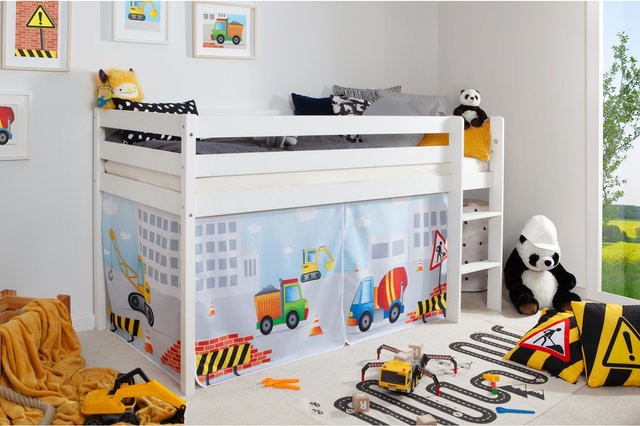 TiCAA Hochbett Oskars Baustelle für Kinder aus Kiefer Holz in Weiß, B/T/H: 207 x 113 x 101 cm - Bild 1