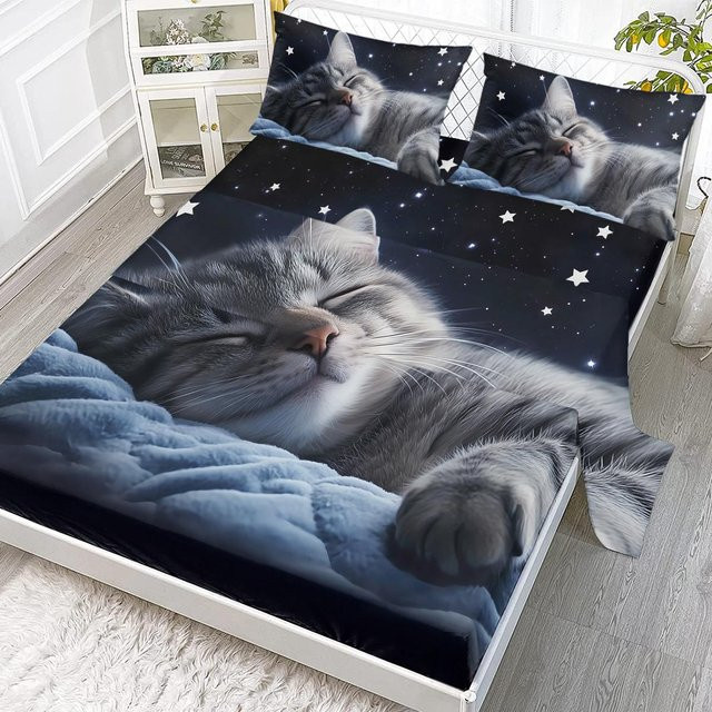 4-teiliges Bettwäsche-Set Sternenhimmel Katze in Blau, bestehend aus 1 Bettbezug, 1 Bettlaken und 2 Kissenbezügen, B/T/H: 203 x 152 cm - Bild 1