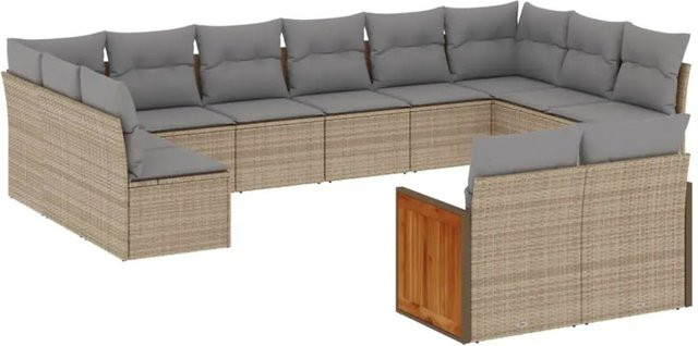 vidaXL 12-tlg. Garten-Sofagarnitur in L-Form aus Polyrattan und Akazienholz in Beige mit Kissen und Stauraum - Bild 1