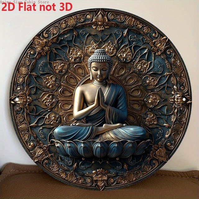 Rundes Metallschild von Potdemiel mit Buddha-Statue auf Lotus und floralem Design in Gold und Multicolour, Durchmesser: 20,32 cm - Bild 1