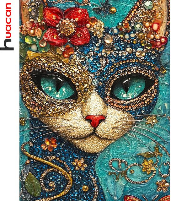 Huacan 5D DIY Diamantmalerei Set Katze und Blumen mit runden Diamanten in Mehrfarbig, Breite: 30 cm, Höhe: 20 cm - Bild 1