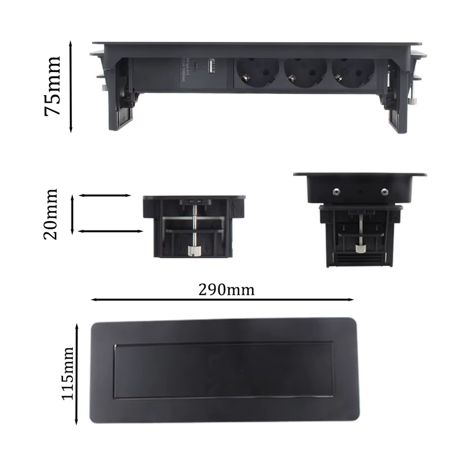 ANSSIN Pop-up-Schreibtischsteckdose aus Aluminiumlegierung mit USB und Typ-C, Schwarz - Bild 5
