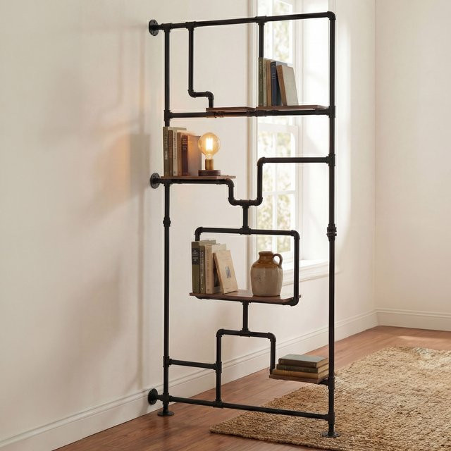 MCW Raumteiler mit Regal MCW-P10 im Industrial Design aus Metall und Melamin, Farbe: braun, H x B x T: 203 x 100 x 20 cm - Bild 1