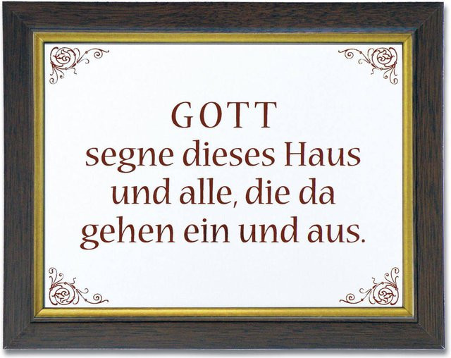 Keramikfliese Uljö mit Holzrahmen in Gold und Weiß mit Typografie Gott segne dieses Haus - Bild 1