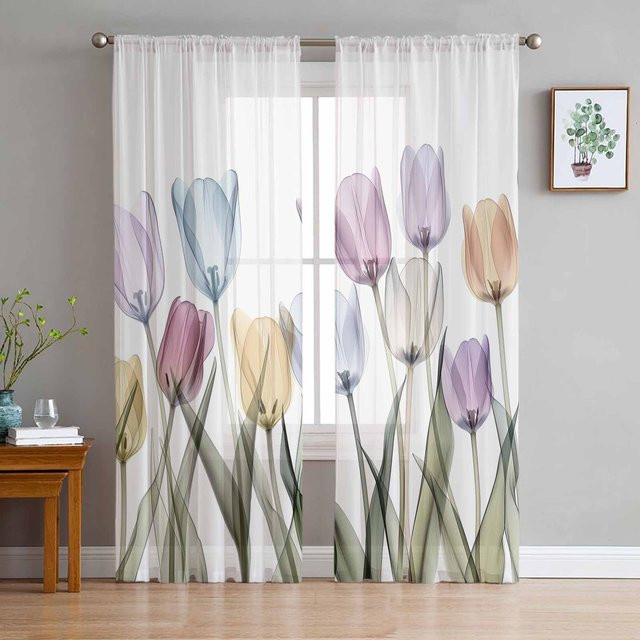 Transparente Tulpenblume Vorhänge im Aquarellstil aus Organza und Tüll, Farbe: Weiß/Mehrfarbig, B: 135 cm, H: 115 cm - Bild 1