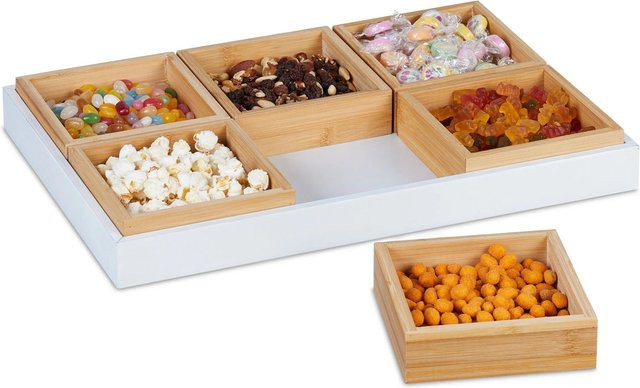 Relaxdays Snackschalen Set mit Serviertablett aus Bambus in Natur und Weiß, 6 Schalen, B/T/H: 47 x 32,5 x 5,5 cm - Bild 1