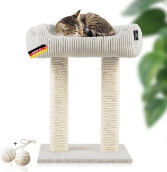 Rohrschneider Kratzbaum aus Vollholz mit Katzenbett und Wendekissen in Beige - Bild 1