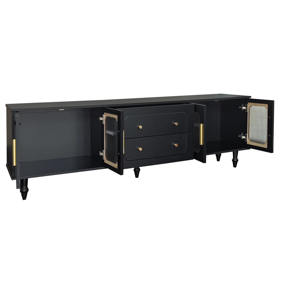 okwish TV Schrank aus Massivholz mit Retro Glastür und goldenen Griffen in Schwarz, B/T/H: 175 x 38 x 55,5 cm - Bild 2