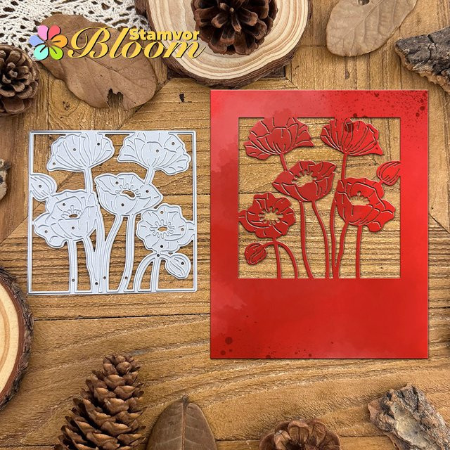 Metall-Stanzform Mohnblumen quadratisch silber für Scrapbooking und dekorative Prägung - Bild 1