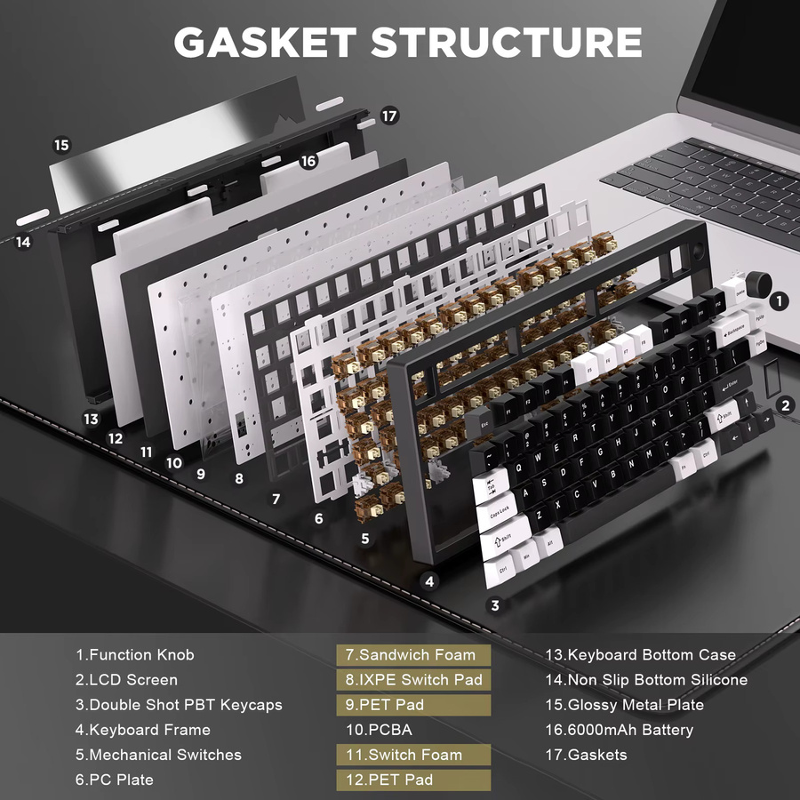 YUNZII AL80 Mechanische Gaming-Tastatur in Schwarz mit Aluminiumgehäuse, kabellose Bluetooth-Verbindung, Hot-Swap, QMK/VIA-Unterstützung und intelligentem LCD-Display mit Funktionsknopf - Bild 5
